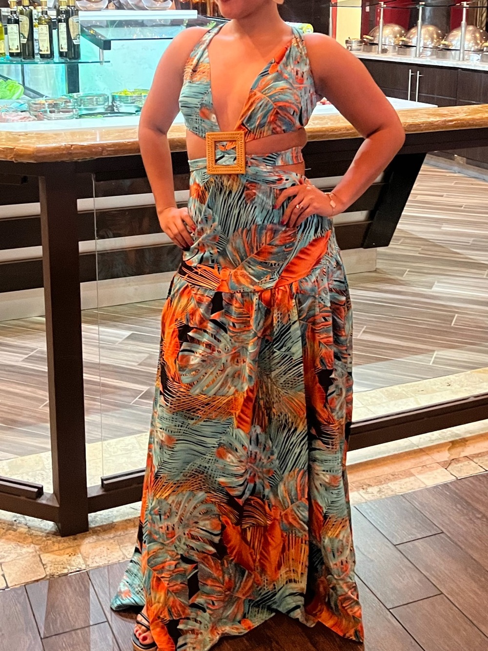 Fashion Nova Orange & Teal Tropical Cutout Halter Maxi Dress